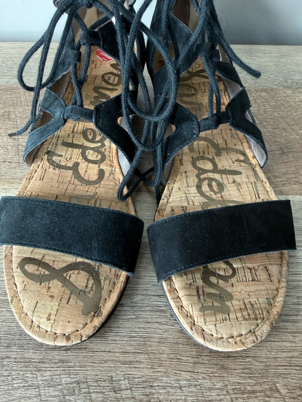SAM EDELMAN Black Suede Dean Gladiator Sandals Lace Up Cork Zipper Size 7 - Picture 6 of 12